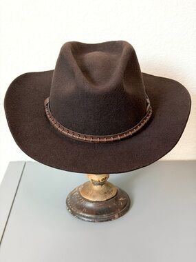 LHC Brown Wool Felt Western Hat with Woven Leather Band
